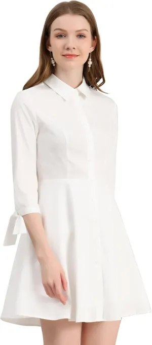 Allegra K Women's Turn Down Collar Button Down Cotton Skater Shirt Dress