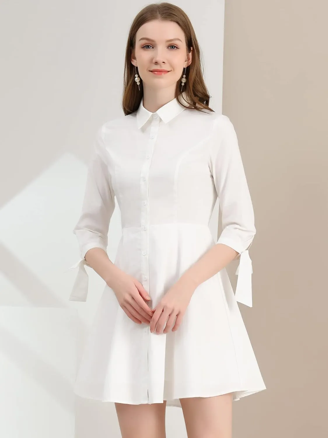 Allegra K Women's Turn Down Collar Button Down Cotton Skater Shirt Dress