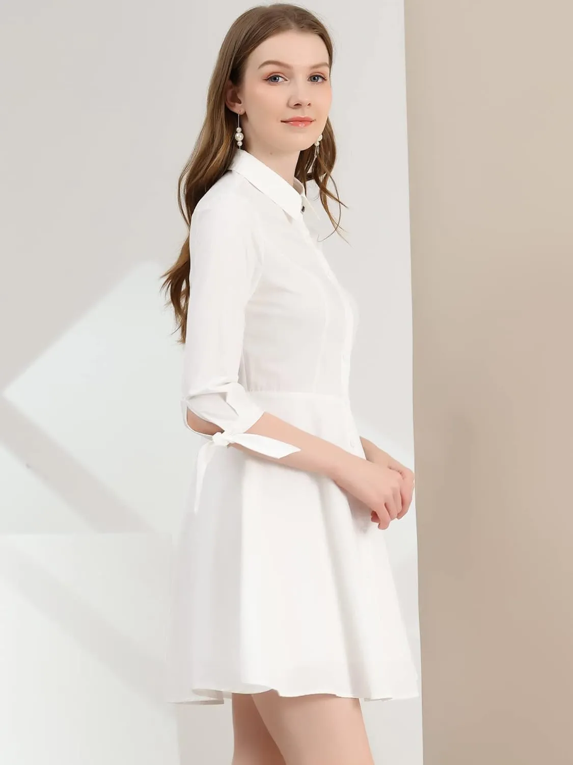 Allegra K Women's Turn Down Collar Button Down Cotton Skater Shirt Dress