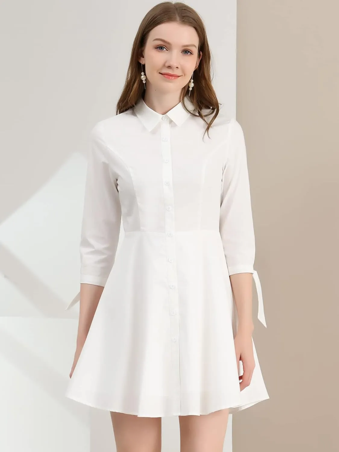 Allegra K Women's Turn Down Collar Button Down Cotton Skater Shirt Dress