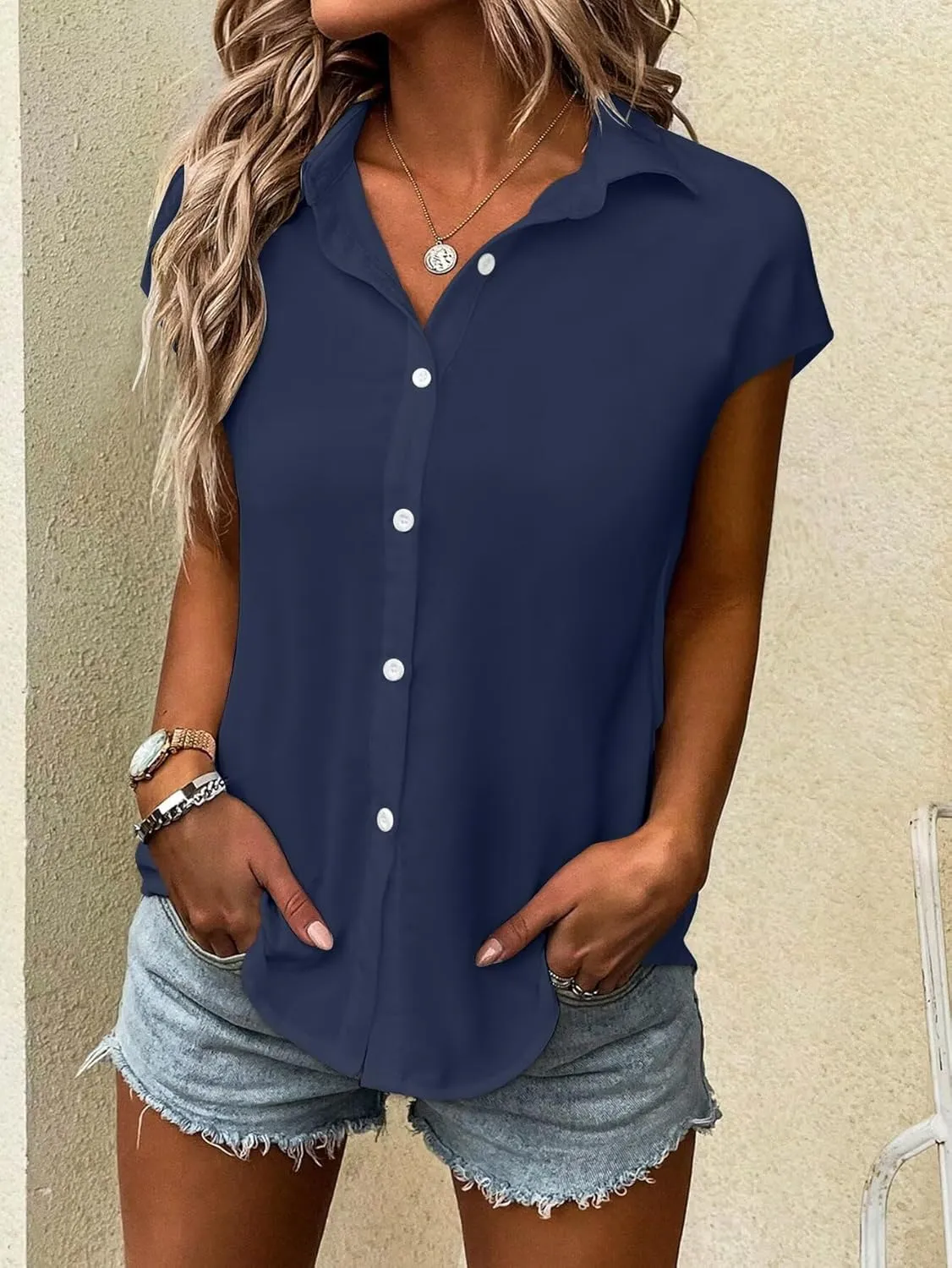 Bliwov Womens Summer Tops Solid Cap Sleeve Button Down Shirts Beach Vacation Clothes Turn-Down Collar Causal Regular Blouses