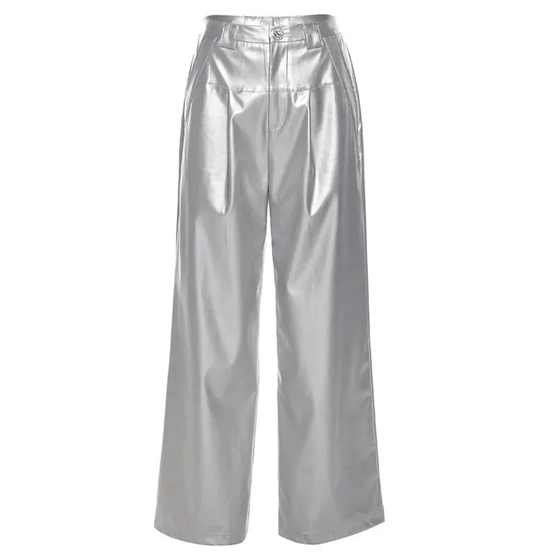 Bonnyshow Silver Retro Matte Trendy Personalized All-match Casual High Street Cool Confident Casual Women's Autumn Wide Leg Pants