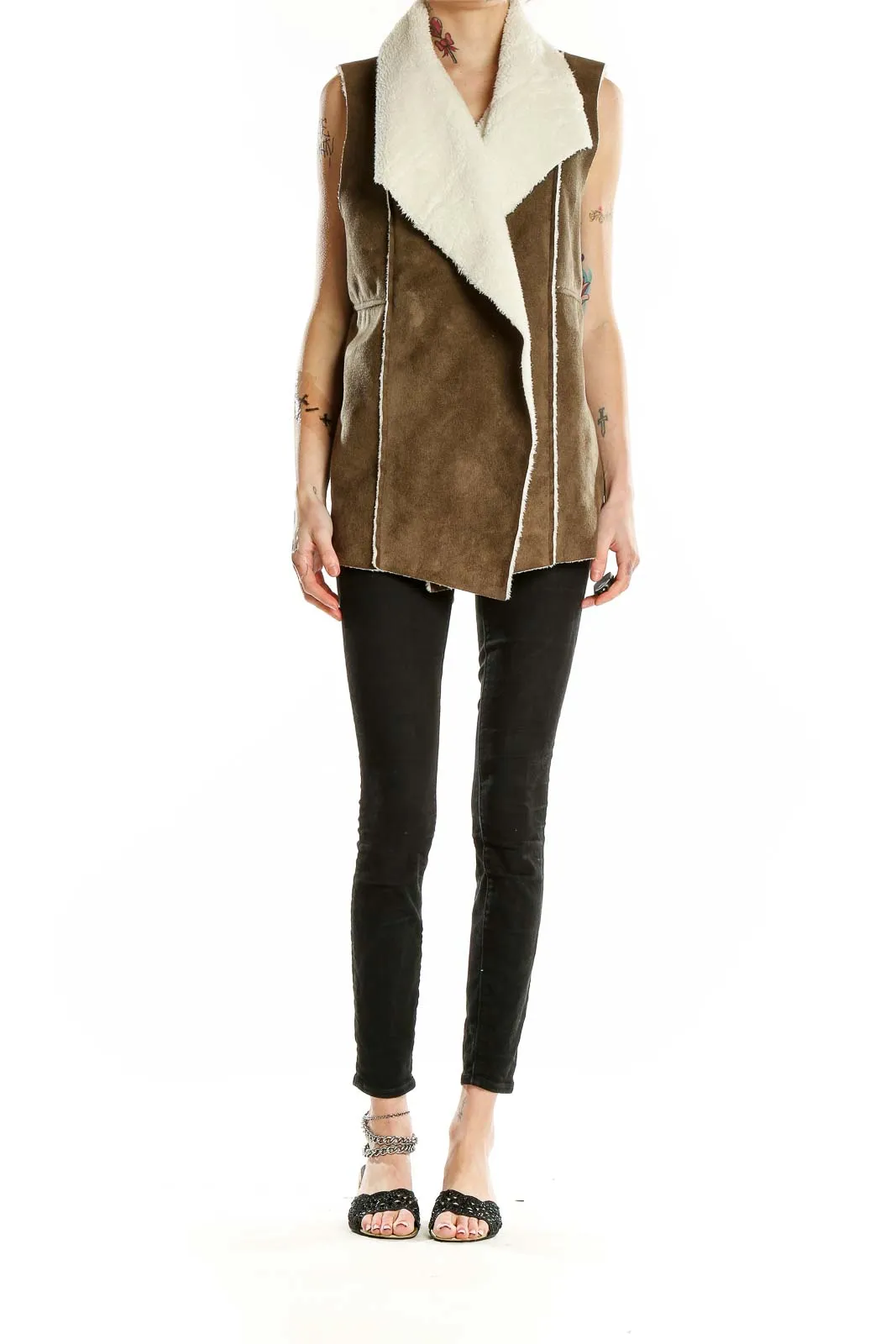 Brown Faux Shearling Draped Vest