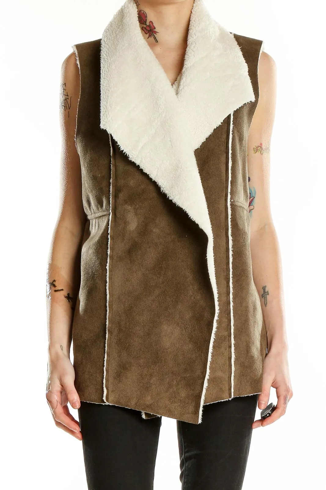 Brown Faux Shearling Draped Vest