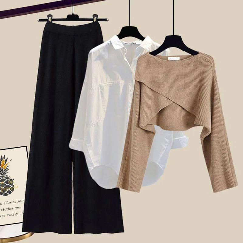 Chic 3-Piece Knitted Sweater Set with Shirt & Wide-Leg Pants - Perfect for Fall & Winter