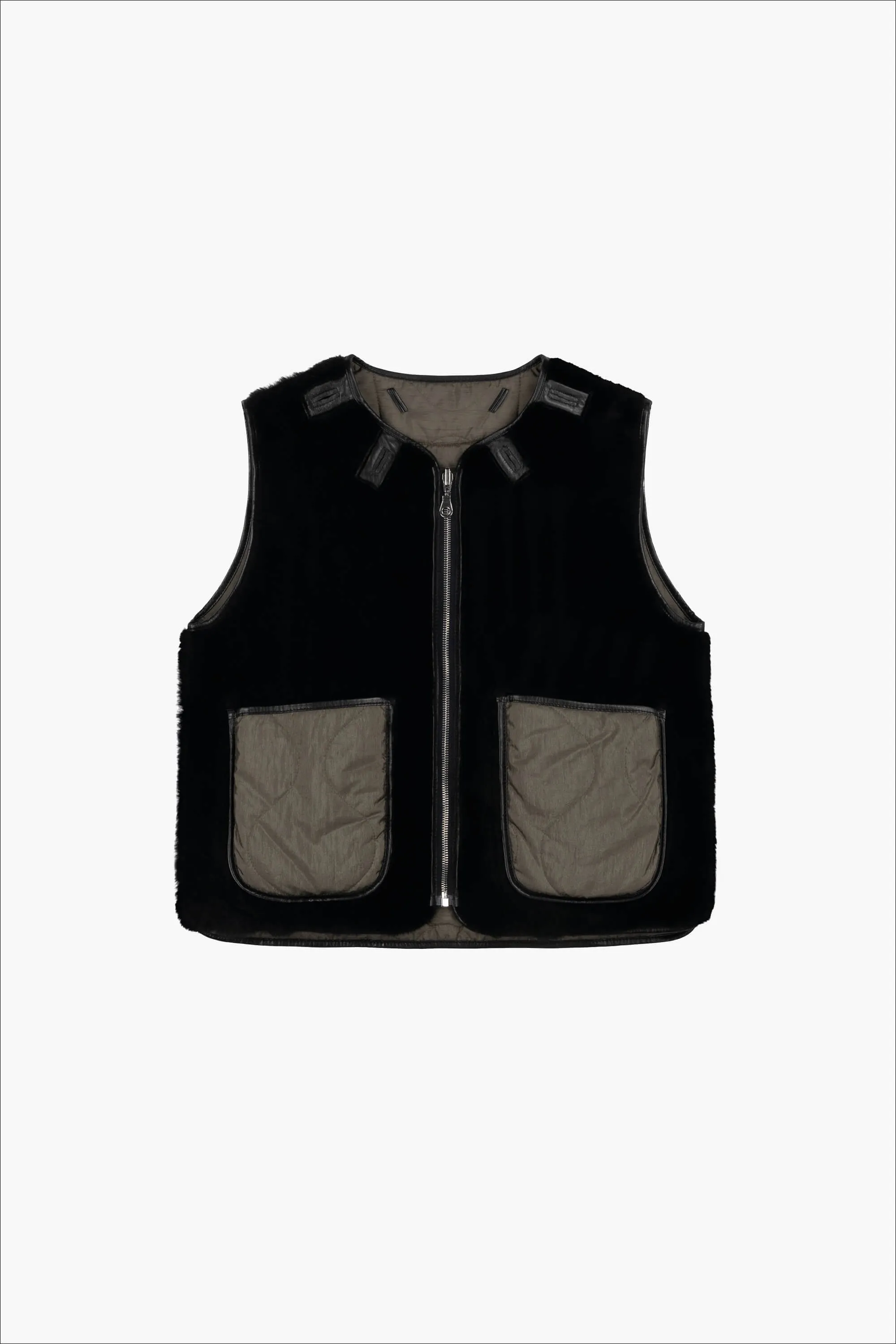 Cropped Aviator Shearling Vest - Black / Black