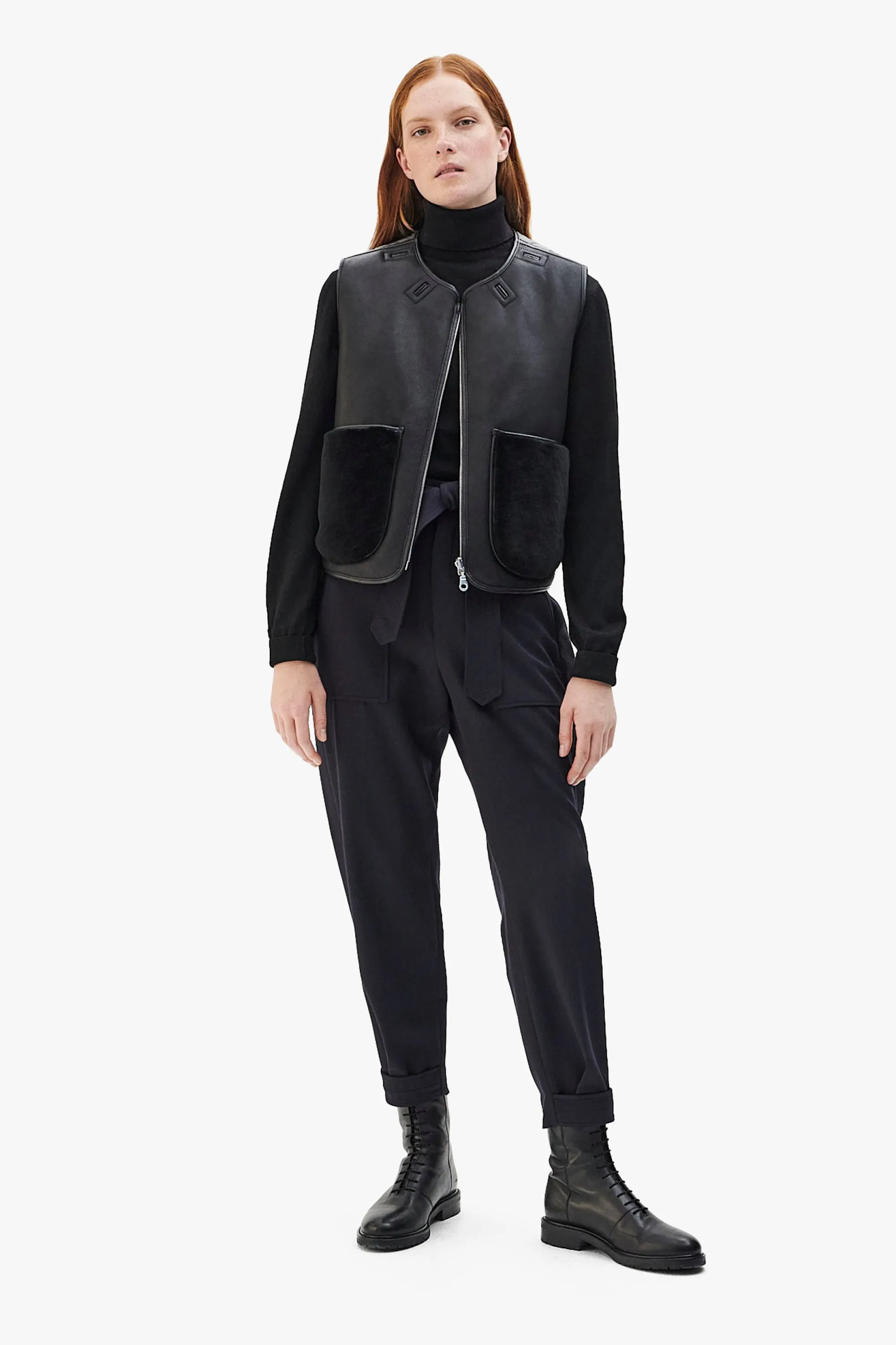 Cropped Aviator Shearling Vest - Black / Black