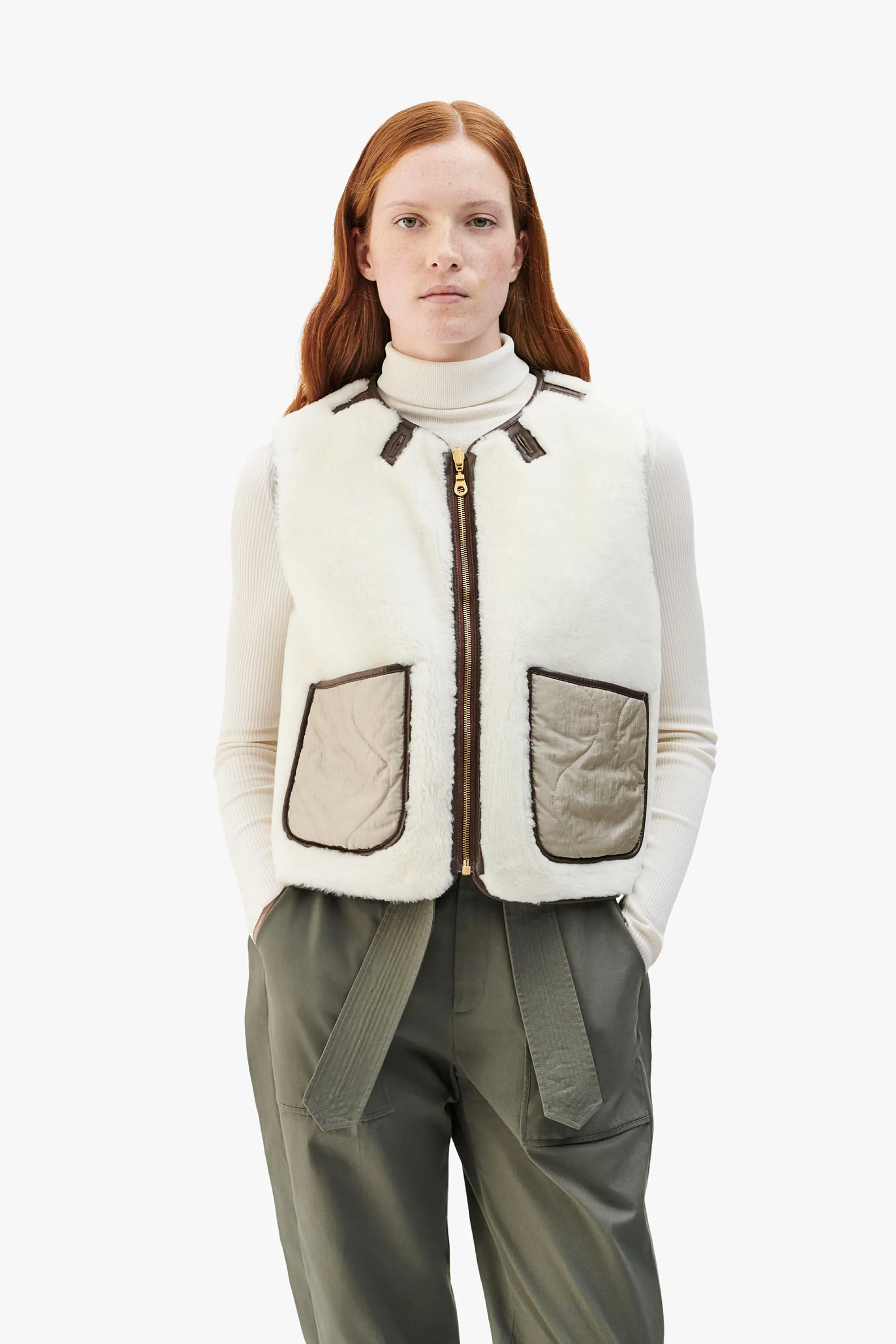 Cropped Aviator Shearling Vest - Chocolate / Natural