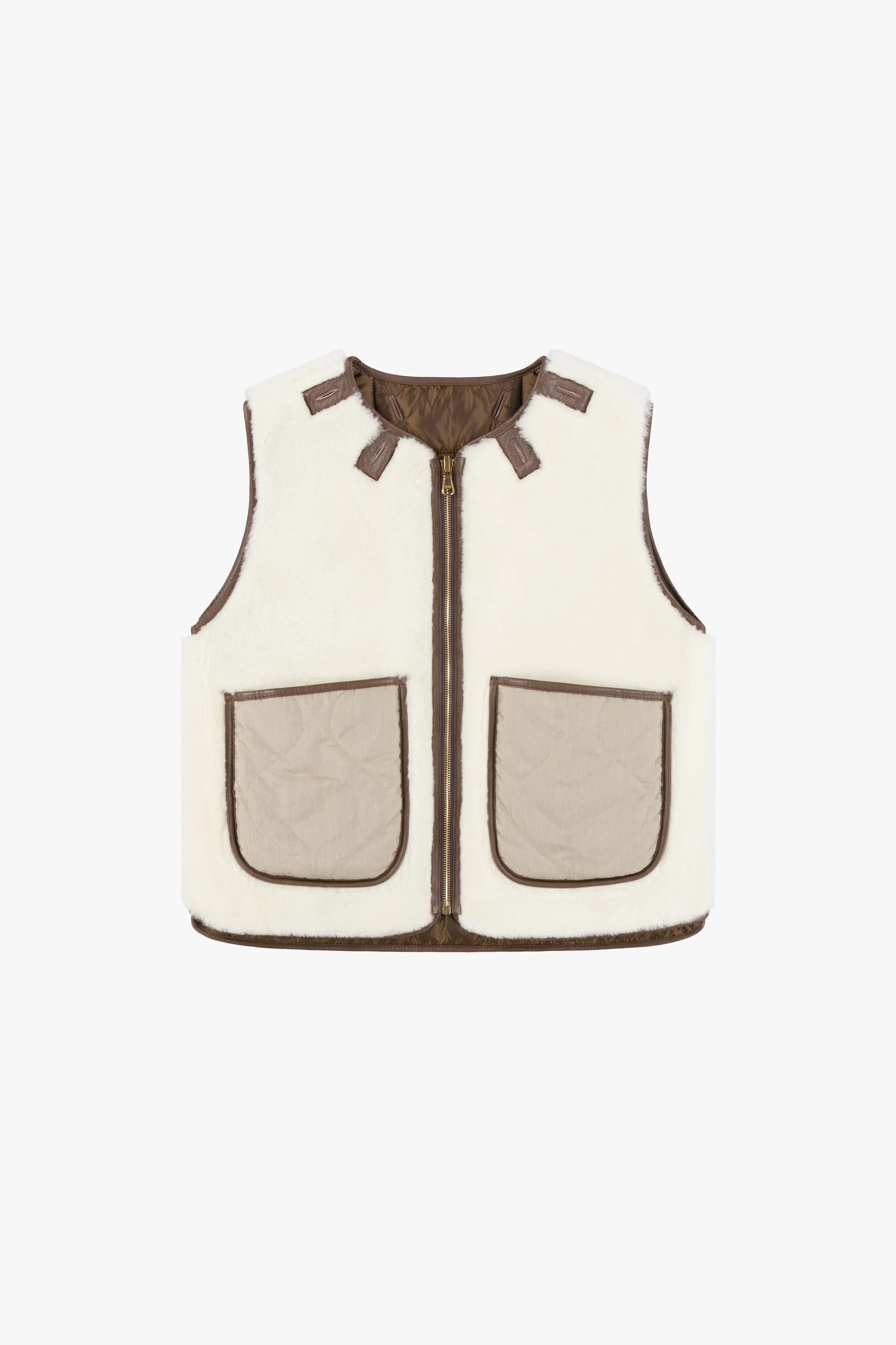 Cropped Aviator Shearling Vest - Chocolate / Natural