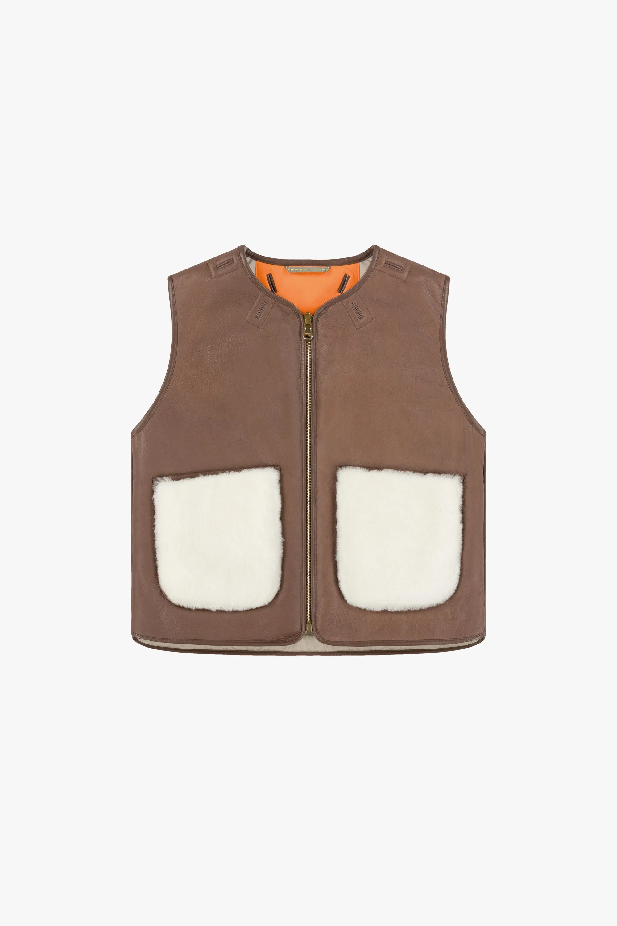 Cropped Aviator Shearling Vest - Chocolate / Natural