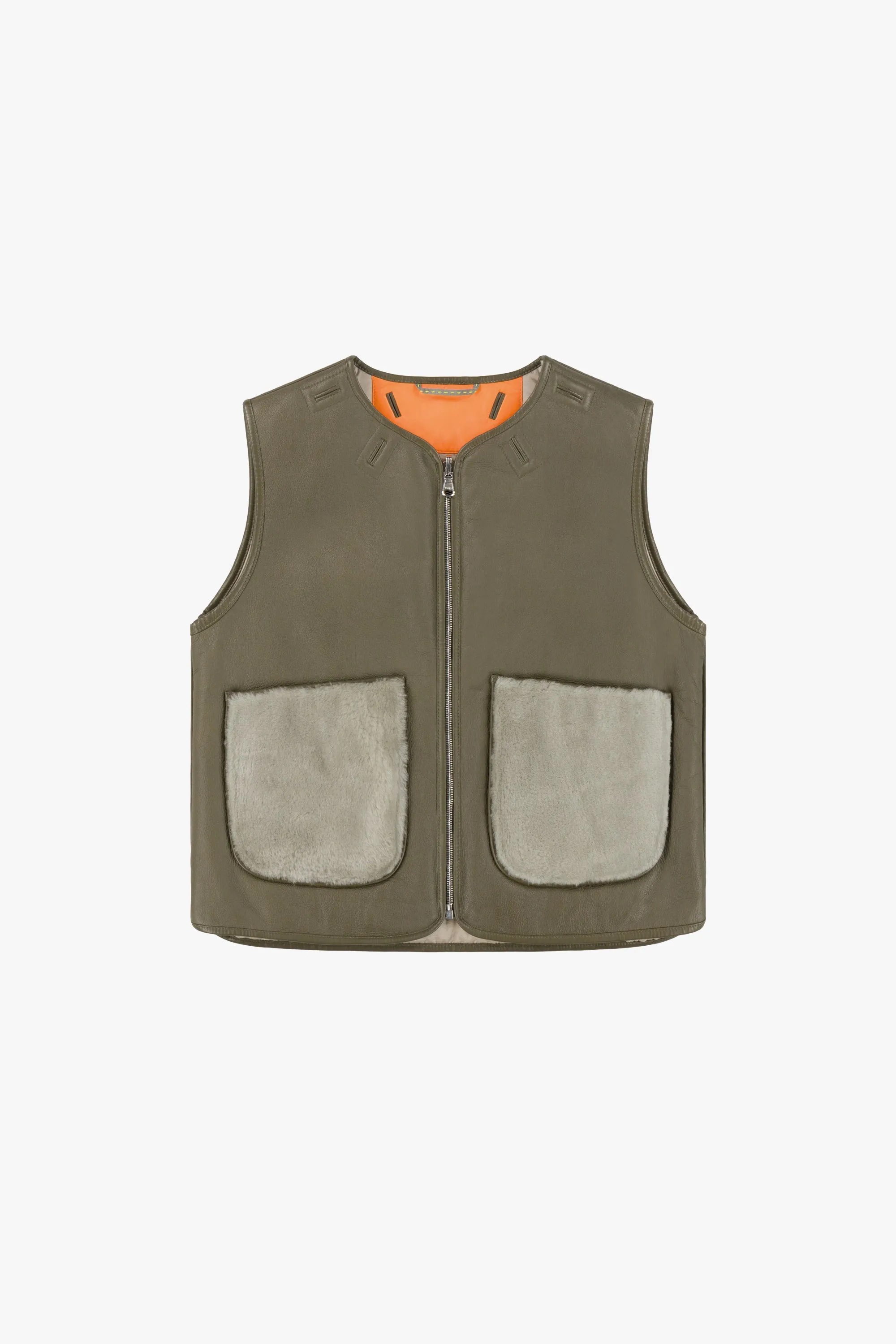 Cropped Aviator Shearling Vest - Dark Olive / Pale Jade