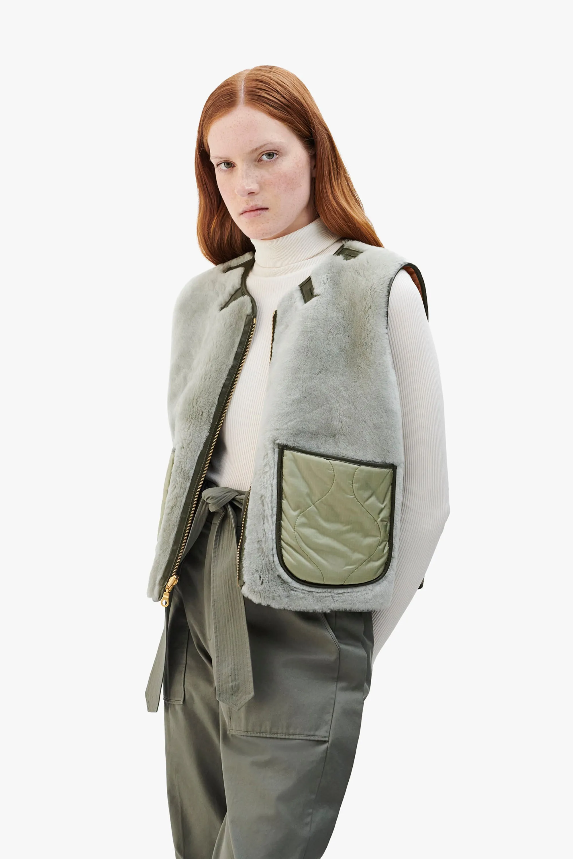 Cropped Aviator Shearling Vest - Dark Olive / Pale Jade