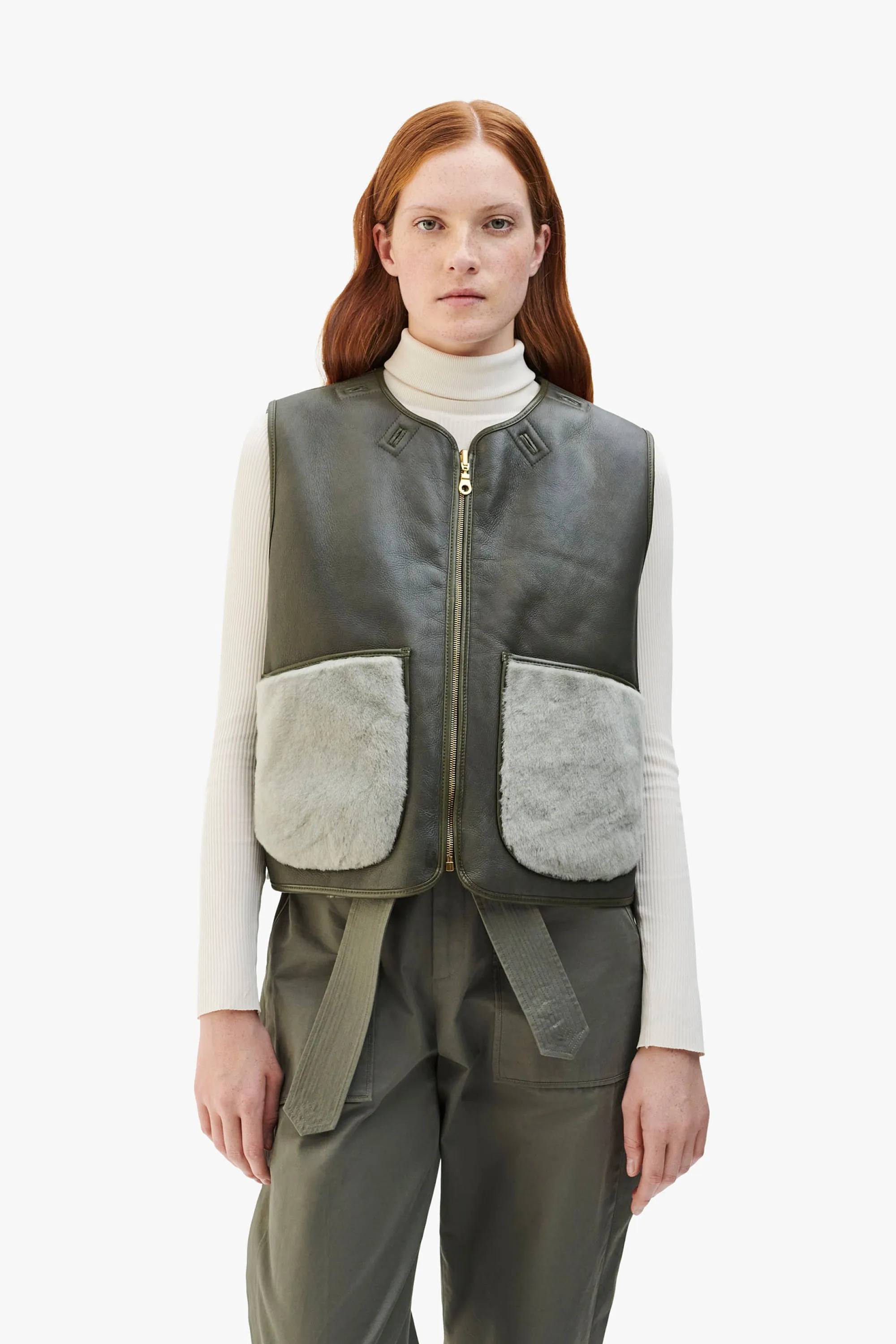 Cropped Aviator Shearling Vest - Dark Olive / Pale Jade