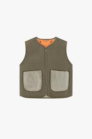 Cropped Aviator Shearling Vest - Dark Olive / Pale Jade