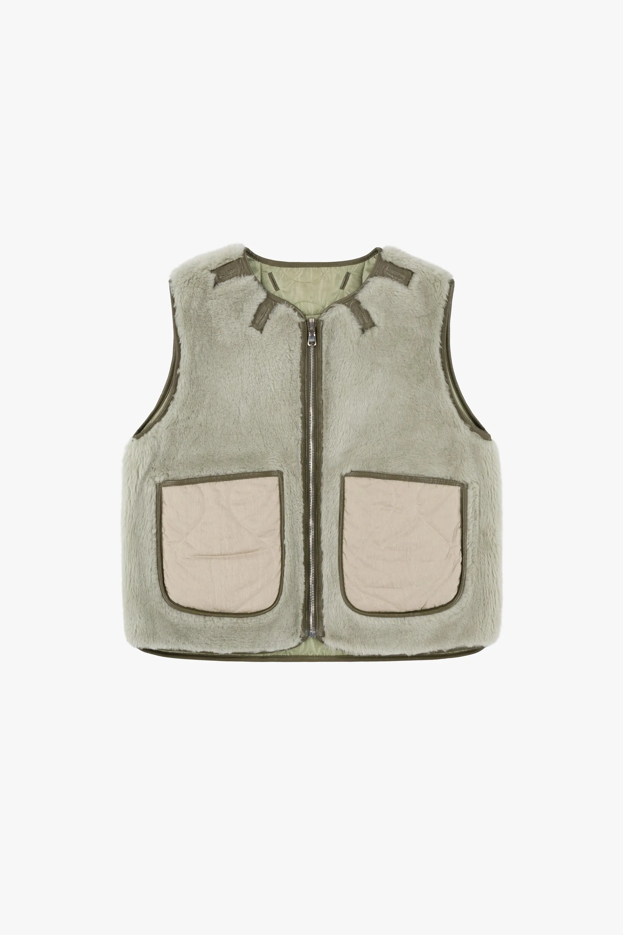 Cropped Aviator Shearling Vest - Dark Olive / Pale Jade