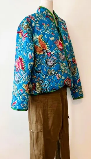 Fashionable Short Cotton Quilted Jacket Is Fully Reversible (Tiger and Garden)