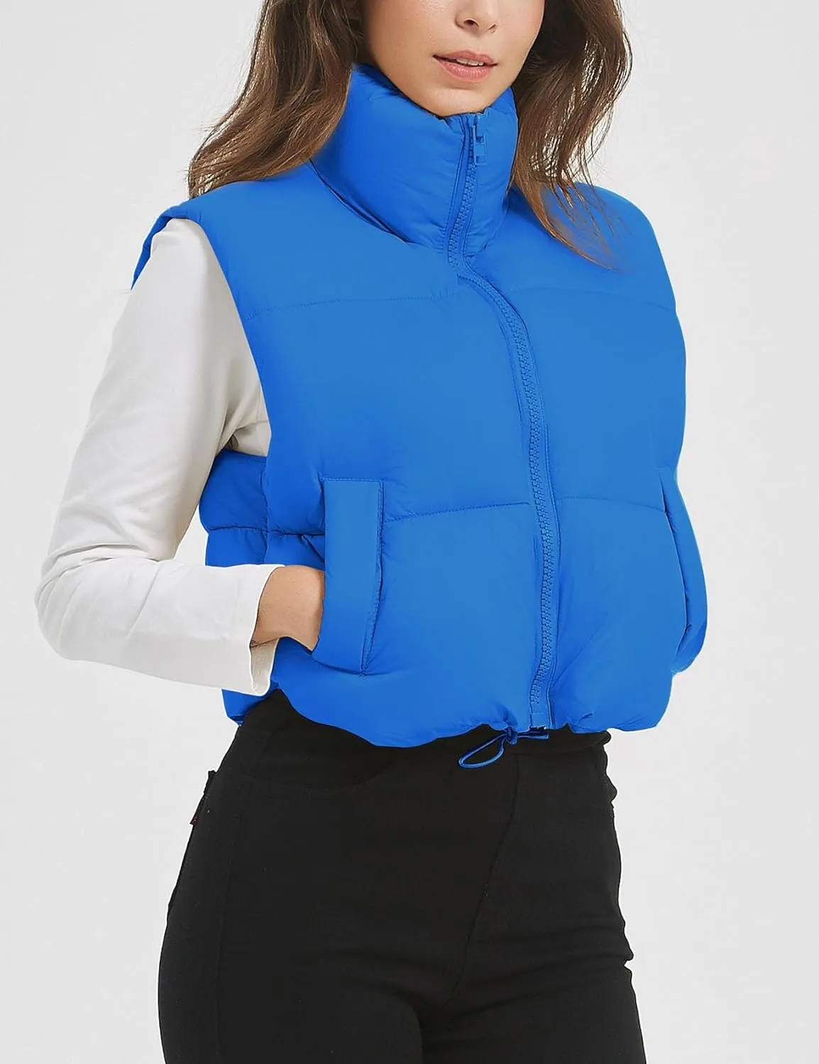 Flygo Puffer Vest Women Cropped Vest Zip Up Stand Collar Sleeveless Lightweight Winter Down Vests Jacket