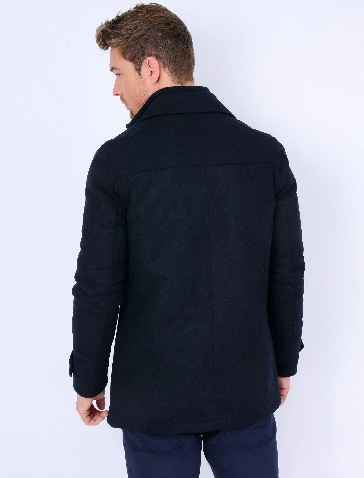 Hexacode Wool Blend Double Breasted Mock Insert Coat in Navy - Tokyo Laundry