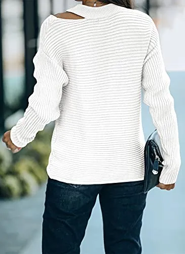 KIRUNDO 2021 Women’s Sweaters Halter Neck Off Shoulder Long Sleeves Knit Sweater Loose Solid Pullovers Tops (White, X-Large)