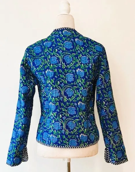 Luxe Cotton Quilted  Womens Jacket With Stripe Piping Looks Rich  (Royal)