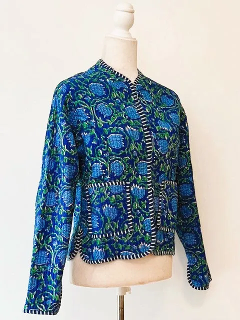 Luxe Cotton Quilted  Womens Jacket With Stripe Piping Looks Rich  (Royal)