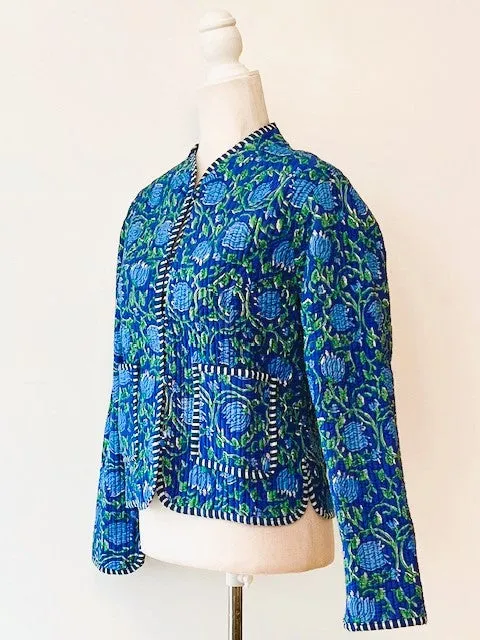 Luxe Cotton Quilted  Womens Jacket With Stripe Piping Looks Rich  (Royal)