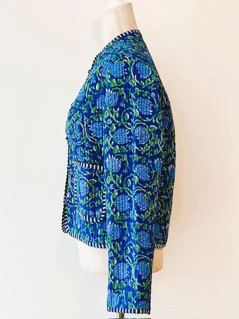 Luxe Cotton Quilted  Womens Jacket With Stripe Piping Looks Rich  (Royal)
