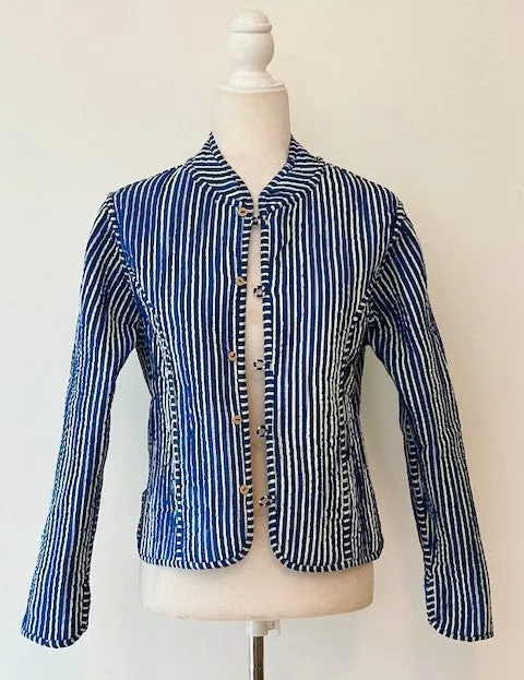 Luxe Cotton Quilted  Womens Jacket With Stripe Piping Looks Rich  (Royal)