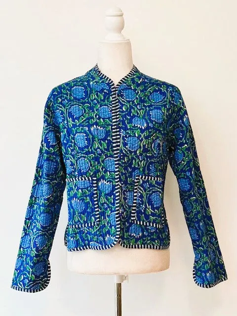 Luxe Cotton Quilted  Womens Jacket With Stripe Piping Looks Rich  (Royal)