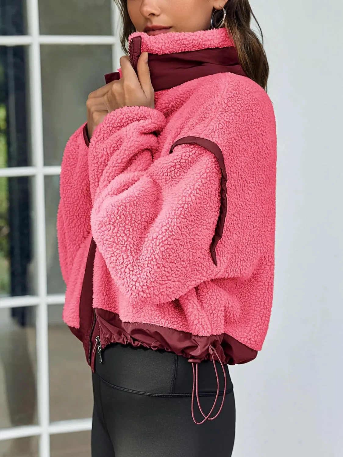 Tankaneo Womens Cropped Zip Up Fleece Jacket Stand Collar Fuzzy Sherpa Coat Winter Color Block Teddy Outerwear