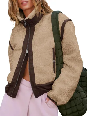 Tankaneo Womens Cropped Zip Up Fleece Jacket Stand Collar Fuzzy Sherpa Coat Winter Color Block Teddy Outerwear