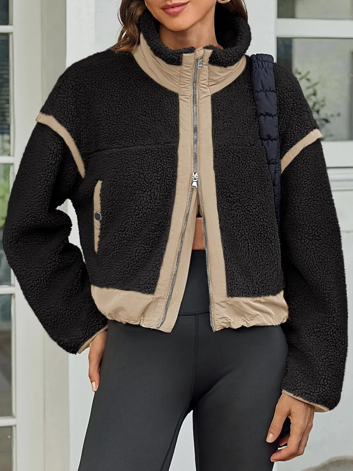 Tankaneo Womens Cropped Zip Up Fleece Jacket Stand Collar Fuzzy Sherpa Coat Winter Color Block Teddy Outerwear