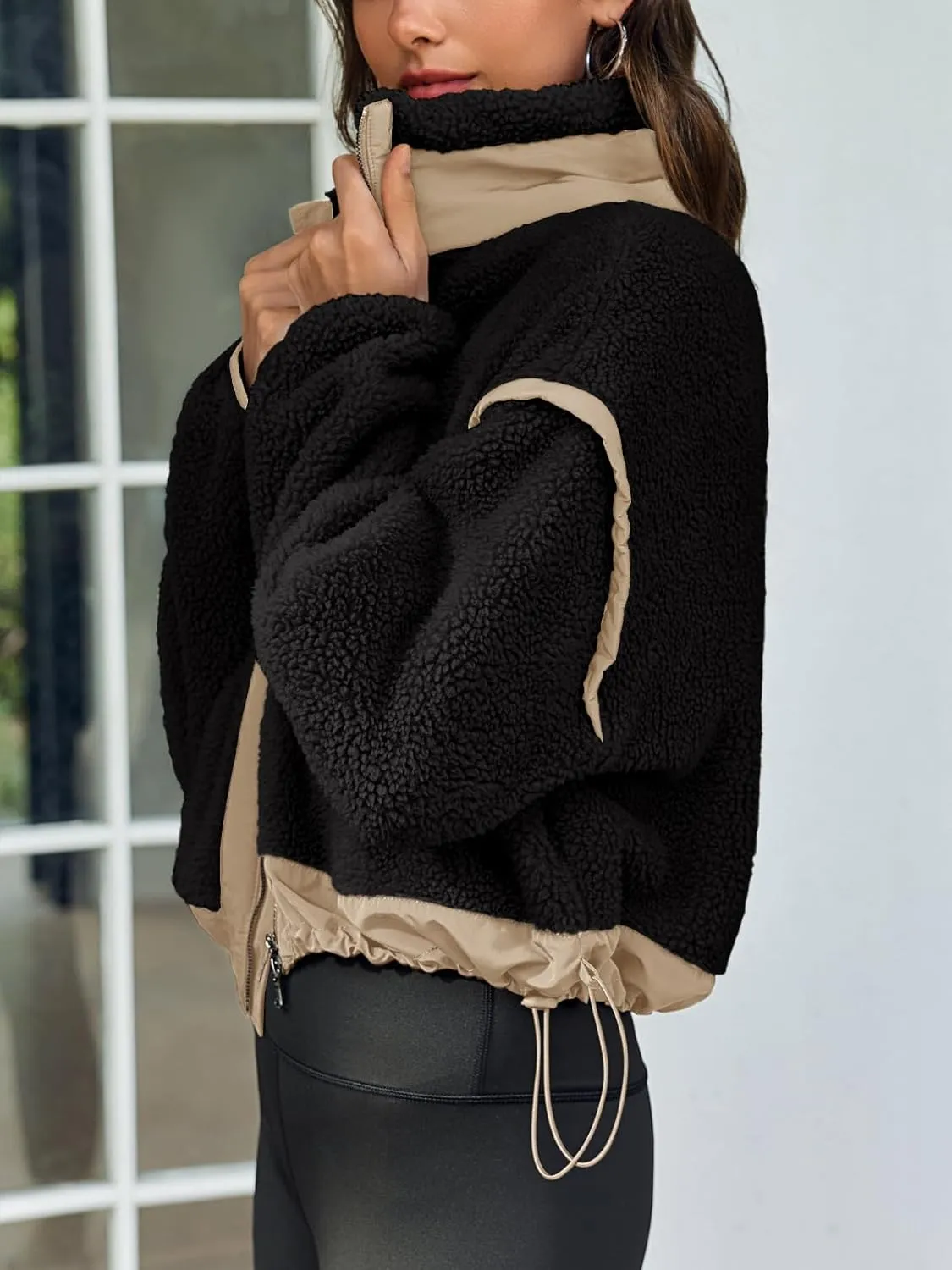 Tankaneo Womens Cropped Zip Up Fleece Jacket Stand Collar Fuzzy Sherpa Coat Winter Color Block Teddy Outerwear