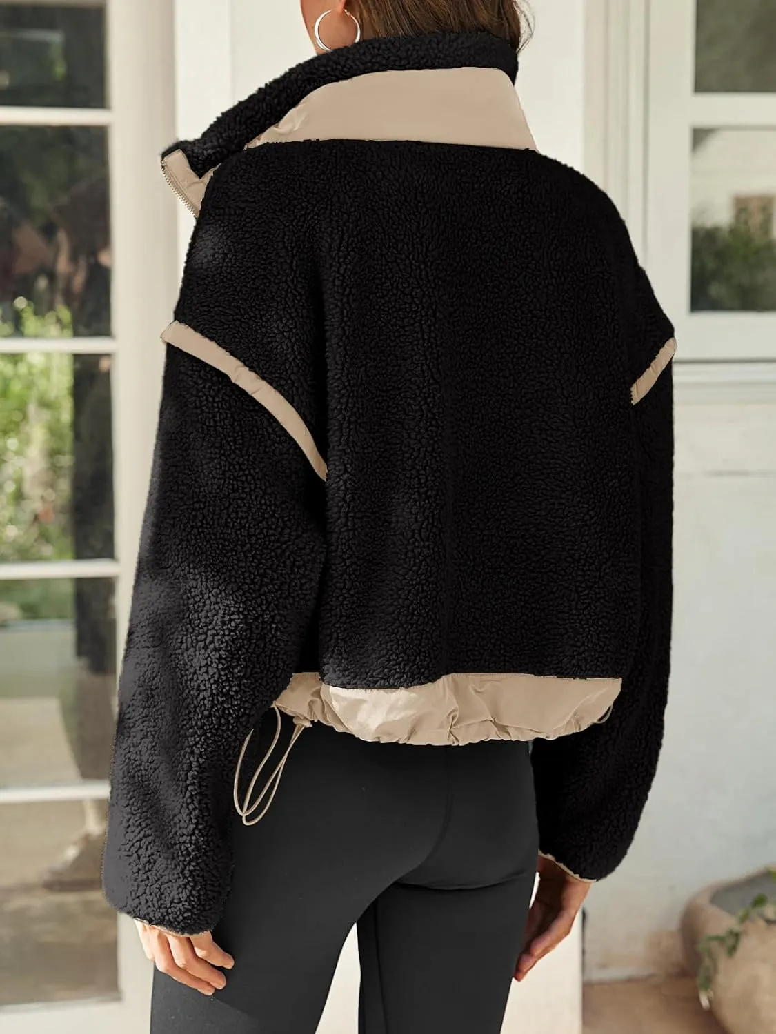 Tankaneo Womens Cropped Zip Up Fleece Jacket Stand Collar Fuzzy Sherpa Coat Winter Color Block Teddy Outerwear
