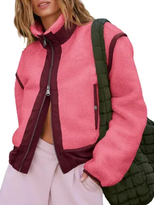 Tankaneo Womens Cropped Zip Up Fleece Jacket Stand Collar Fuzzy Sherpa Coat Winter Color Block Teddy Outerwear