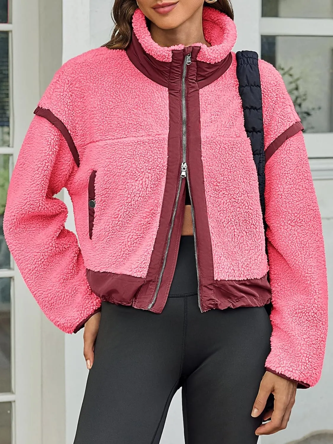Tankaneo Womens Cropped Zip Up Fleece Jacket Stand Collar Fuzzy Sherpa Coat Winter Color Block Teddy Outerwear