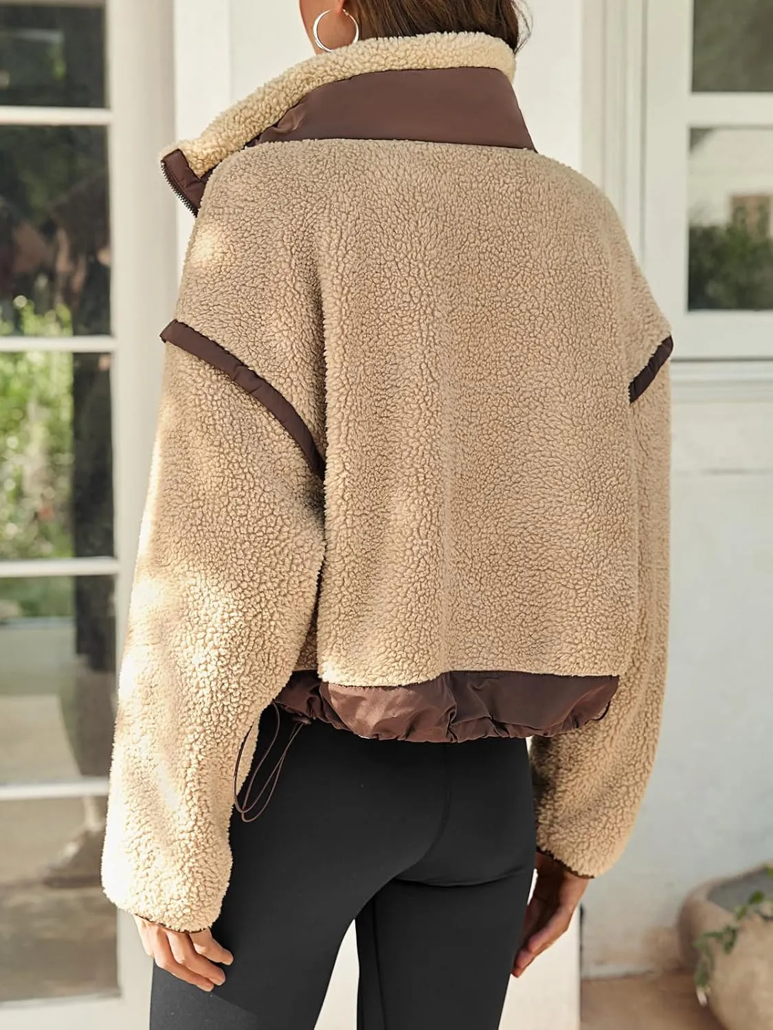 Tankaneo Womens Cropped Zip Up Fleece Jacket Stand Collar Fuzzy Sherpa Coat Winter Color Block Teddy Outerwear
