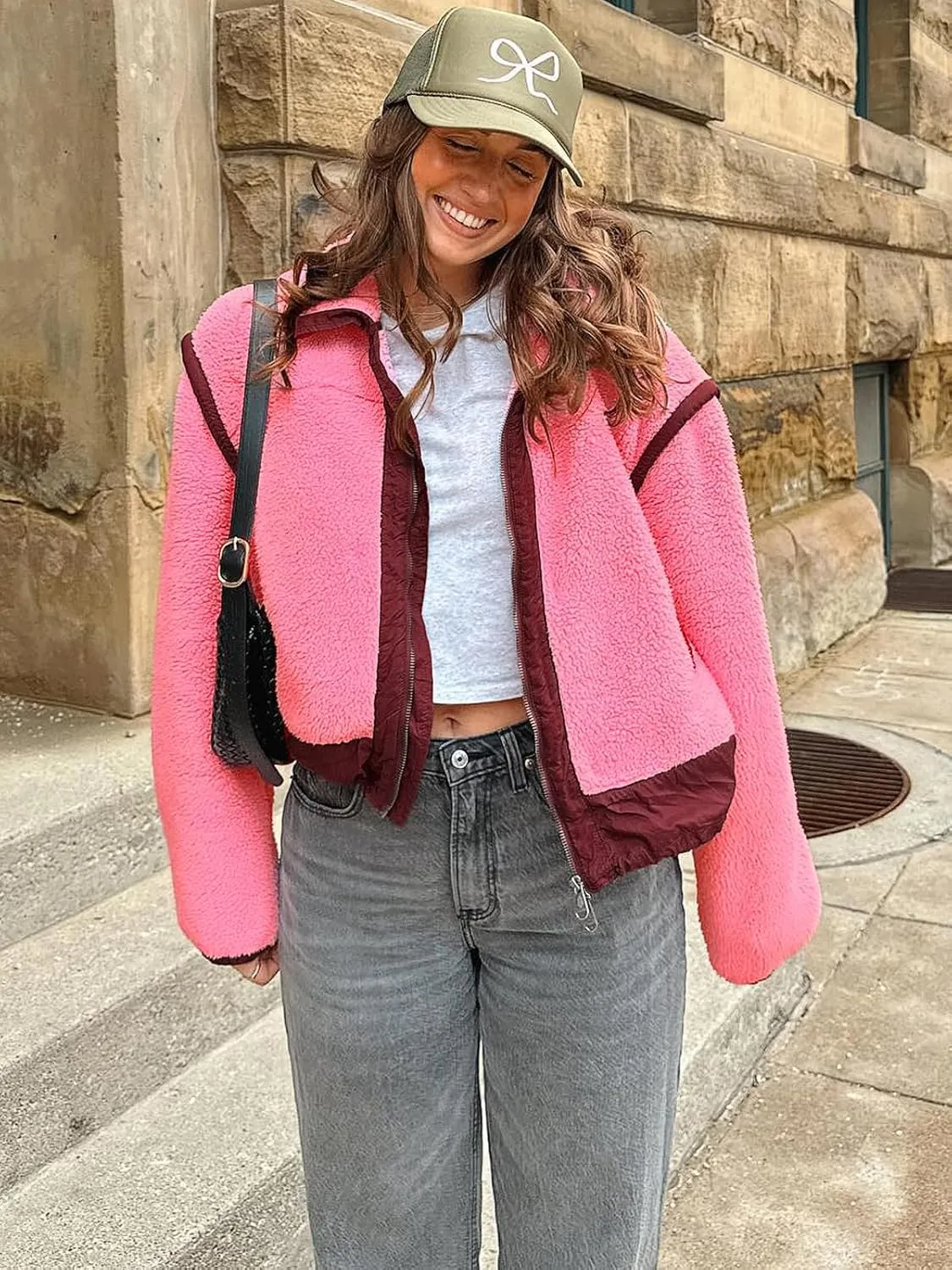 Tankaneo Womens Cropped Zip Up Fleece Jacket Stand Collar Fuzzy Sherpa Coat Winter Color Block Teddy Outerwear