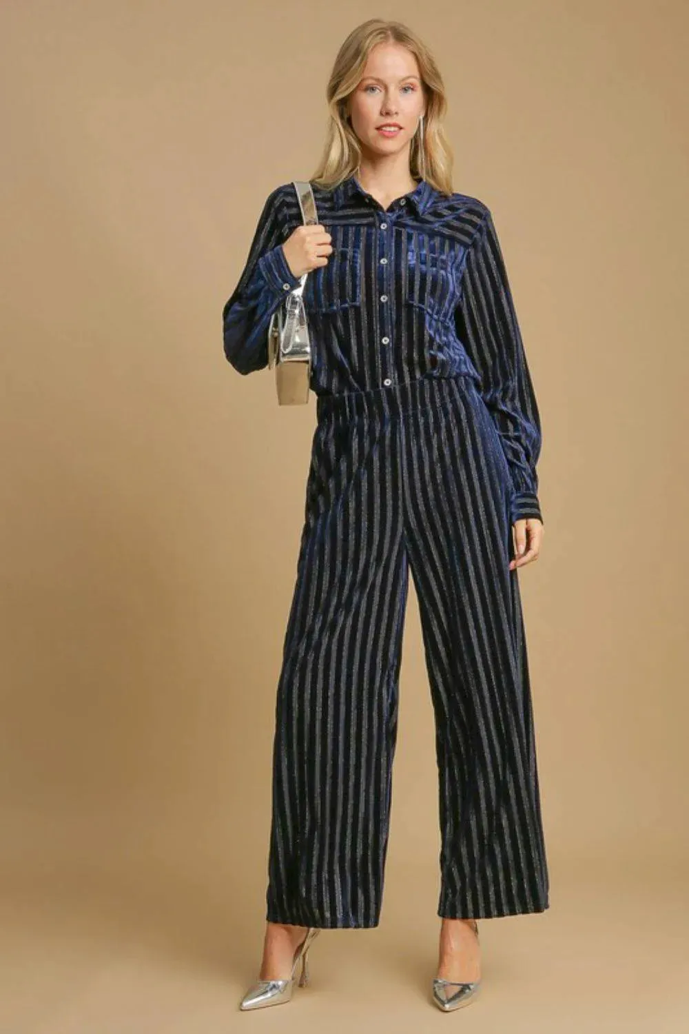 Umgee Striped Wide Leg Velvet Pants