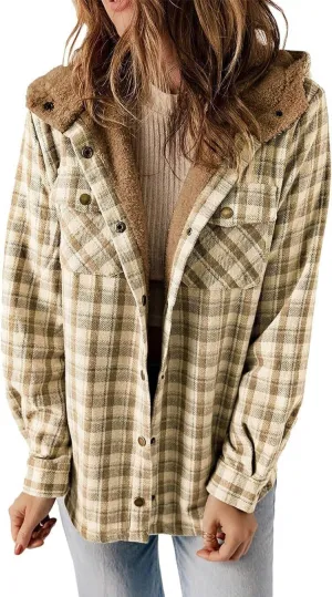 [Updated with Pockets] Womens Plaid Fleece Jacket Long Sleeve Button Down Hooded Jackets Warm Coat for Winter Fall
