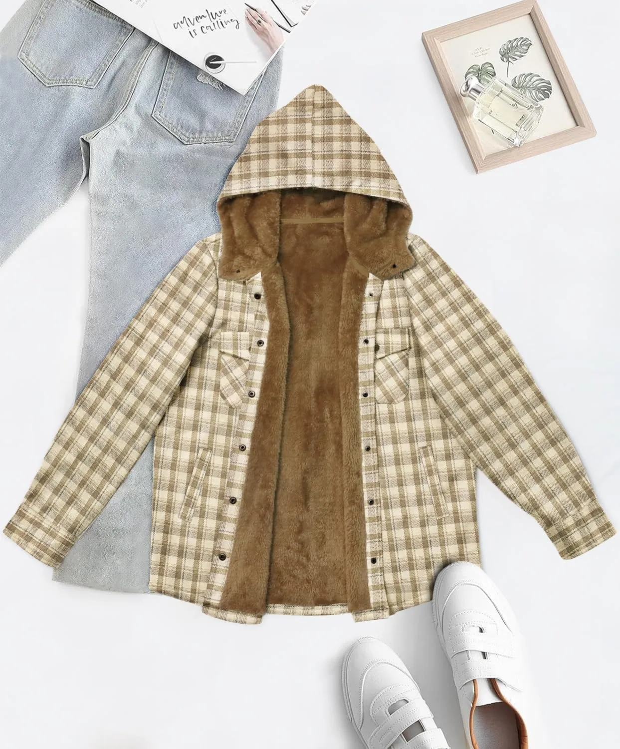 [Updated with Pockets] Womens Plaid Fleece Jacket Long Sleeve Button Down Hooded Jackets Warm Coat for Winter Fall