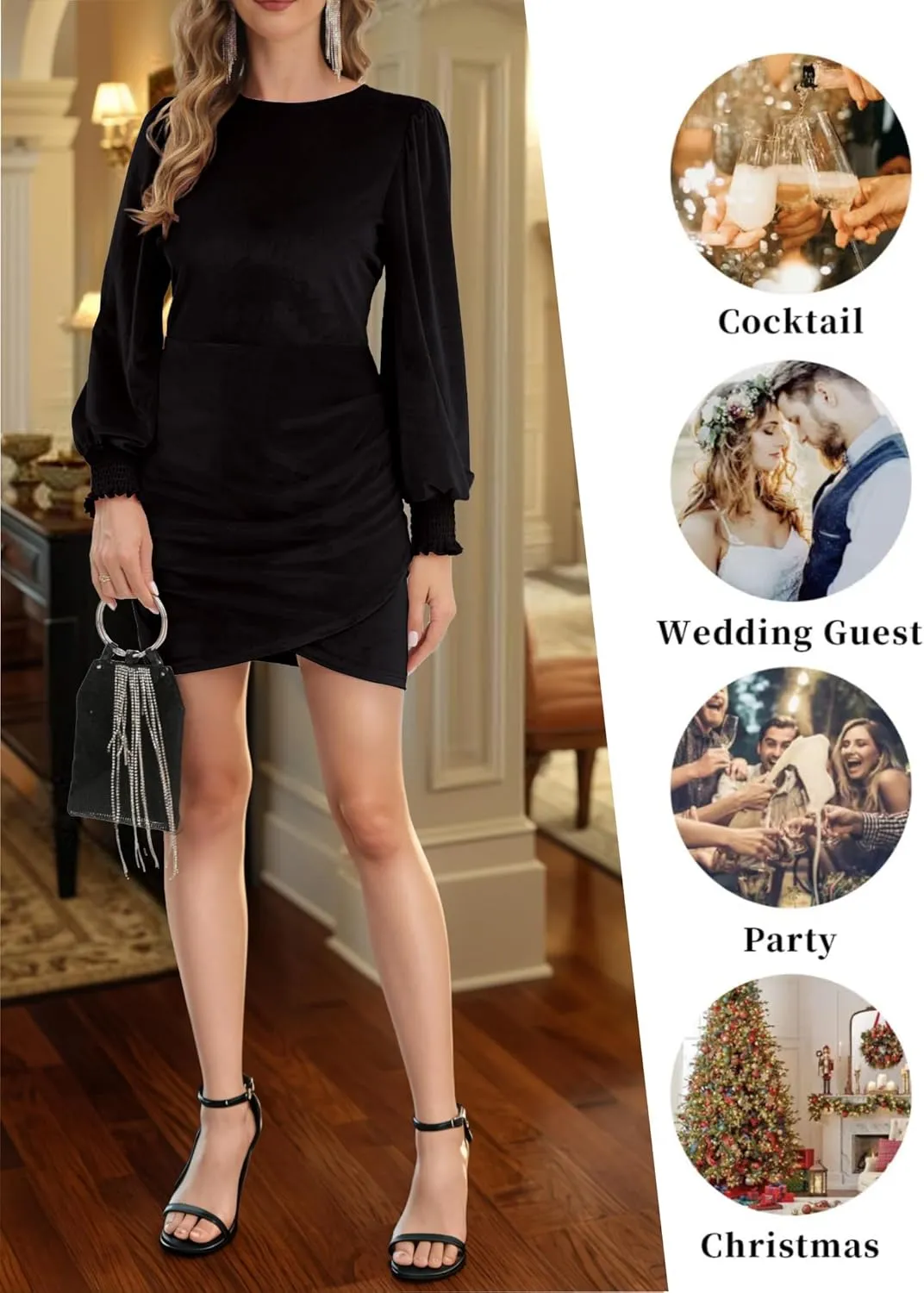 Valiamcep Women's Long Sleeve Velvet Dress Round Neck Puff Sleeve Cocktail Ruched Wrap Bodycon Mini Party Dress