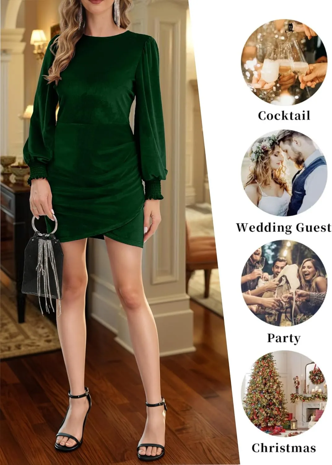 Valiamcep Women's Long Sleeve Velvet Dress Round Neck Puff Sleeve Cocktail Ruched Wrap Bodycon Mini Party Dress