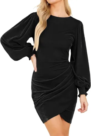 Valiamcep Women's Long Sleeve Velvet Dress Round Neck Puff Sleeve Cocktail Ruched Wrap Bodycon Mini Party Dress