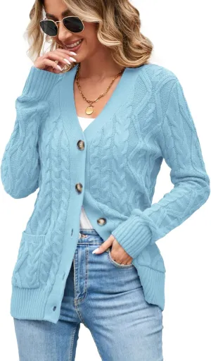Women's Cable Knit Open Front Button Down Cardigan Sweater Long Sleeve Chunky Fall Sweater Outwear