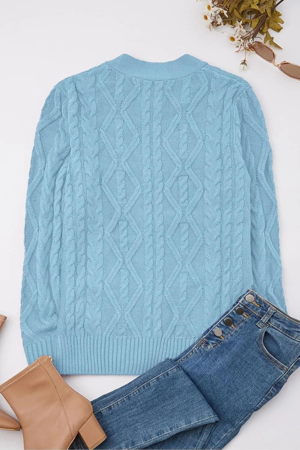 Women's Cable Knit Open Front Button Down Cardigan Sweater Long Sleeve Chunky Fall Sweater Outwear
