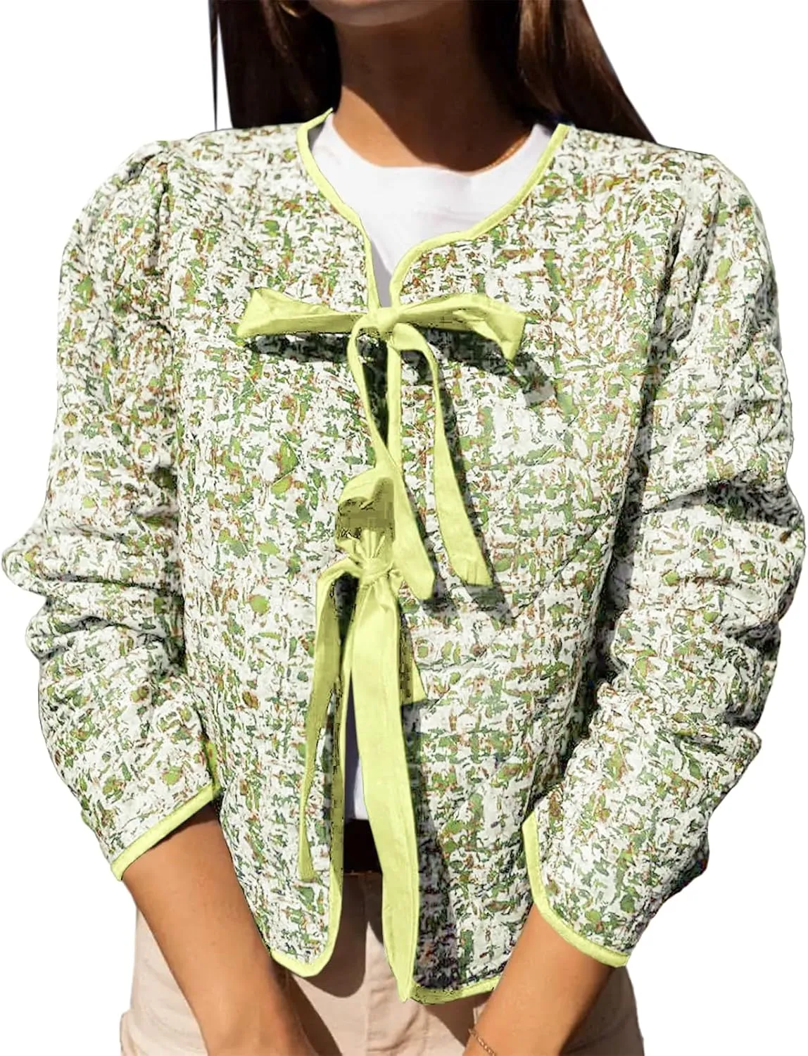 Yousify Womens Cropped Puffer Jackets Floral Print Tie Open Front Lightweight Quilted Jacket Winter Coats Outerwear