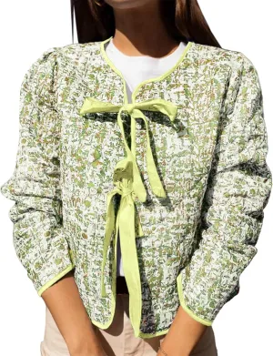 Yousify Womens Cropped Puffer Jackets Floral Print Tie Open Front Lightweight Quilted Jacket Winter Coats Outerwear
