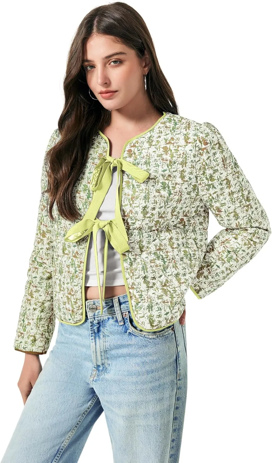 Yousify Womens Cropped Puffer Jackets Floral Print Tie Open Front Lightweight Quilted Jacket Winter Coats Outerwear