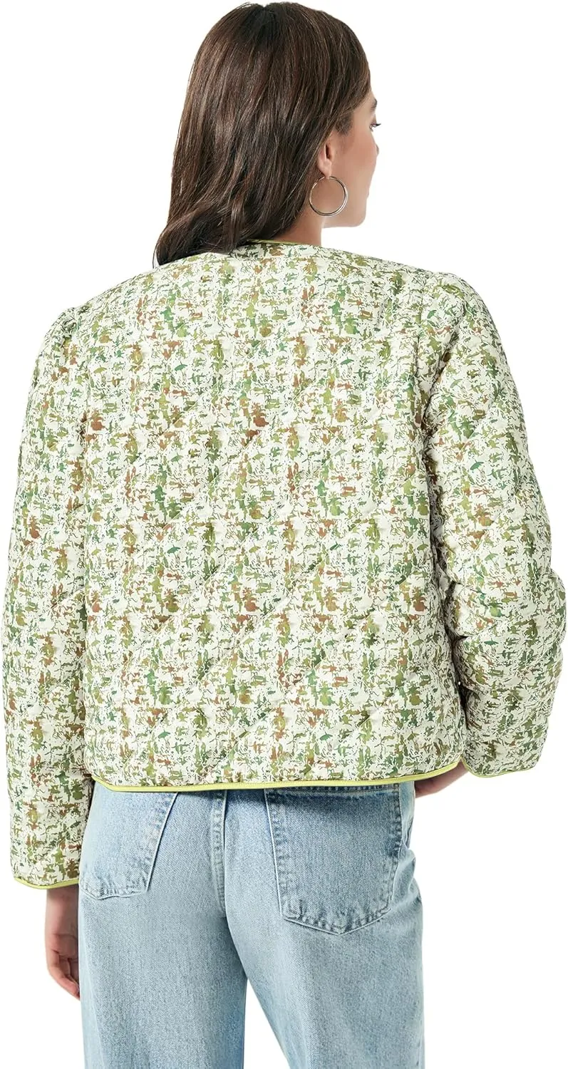 Yousify Womens Cropped Puffer Jackets Floral Print Tie Open Front Lightweight Quilted Jacket Winter Coats Outerwear